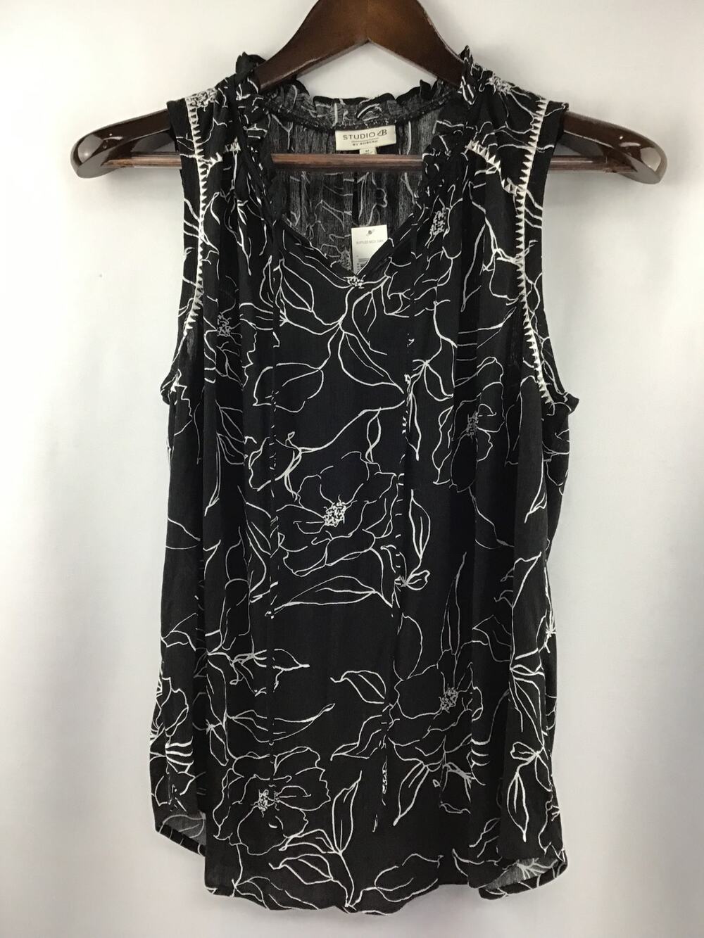 Women’s Studio B Black Floral Sleeveless Ruffle Top Size M Brand New w/Tags